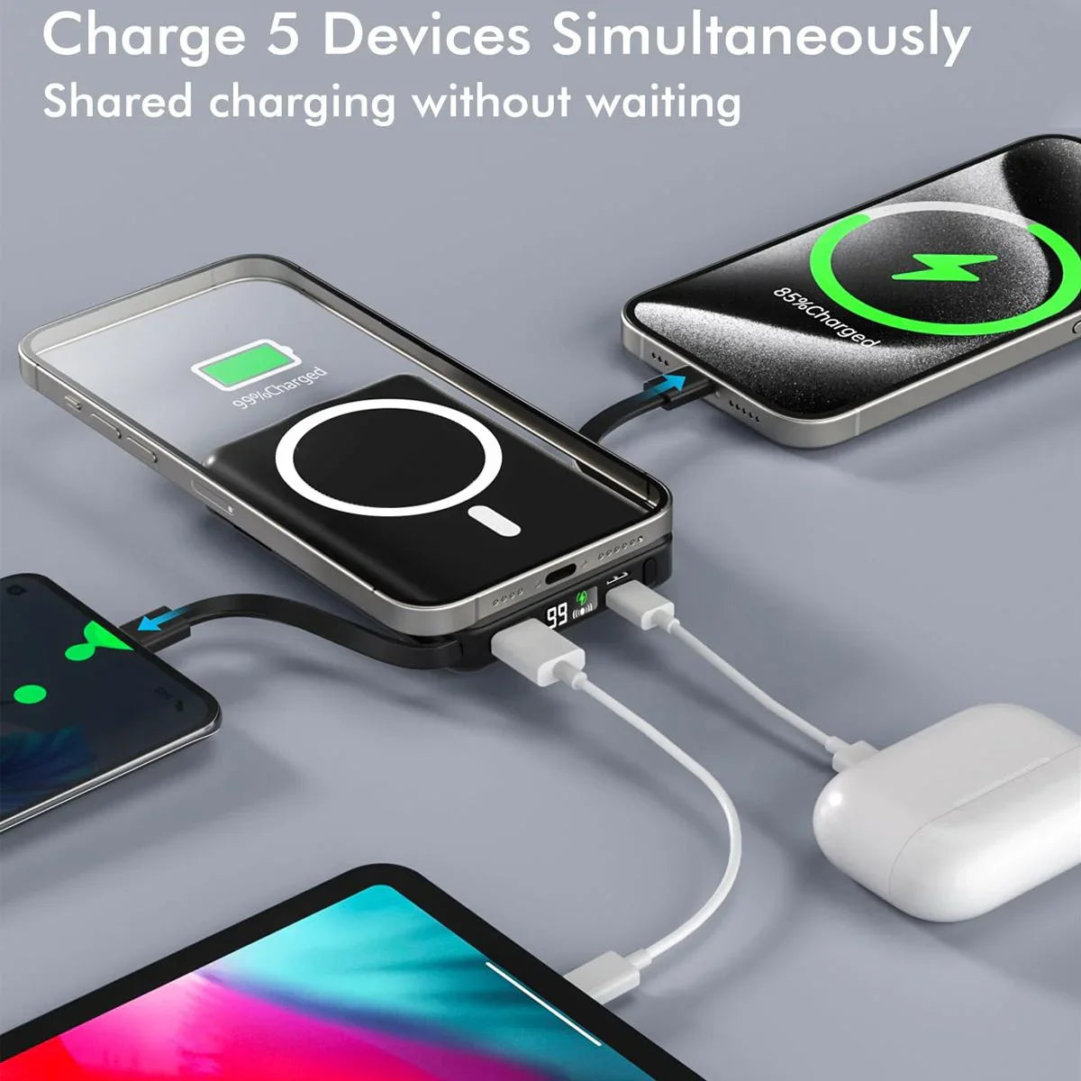 Podoru Wireless Portable Charger, 10000mAh Magnetic Power Bank Built-in USB C Lighting Cables 22.5W PD Fast Charging LED Display Battery Pack for for iPhone 16/15/14/13/12 - Black