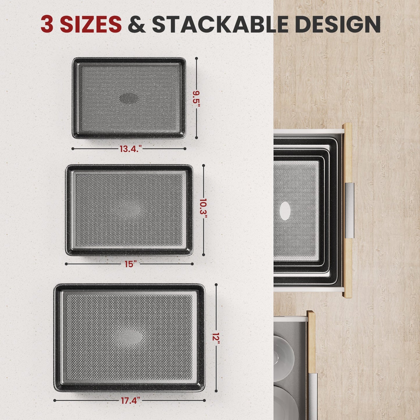 3 Pack Cookie Sheet Set, Speckled Baking Sheet Set with Square Texture Pattern, Carbon Steel Nonstick Bakeware Sets for Oven