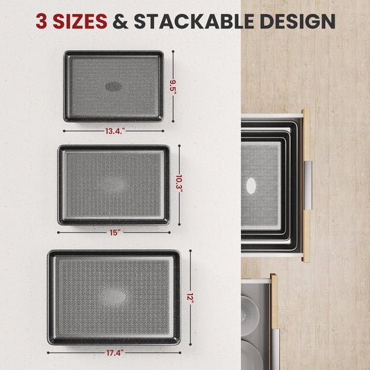 3 Pack Cookie Sheet Set, Speckled Baking Sheet Set with Square Texture Pattern, Carbon Steel Nonstick Bakeware Sets for Oven