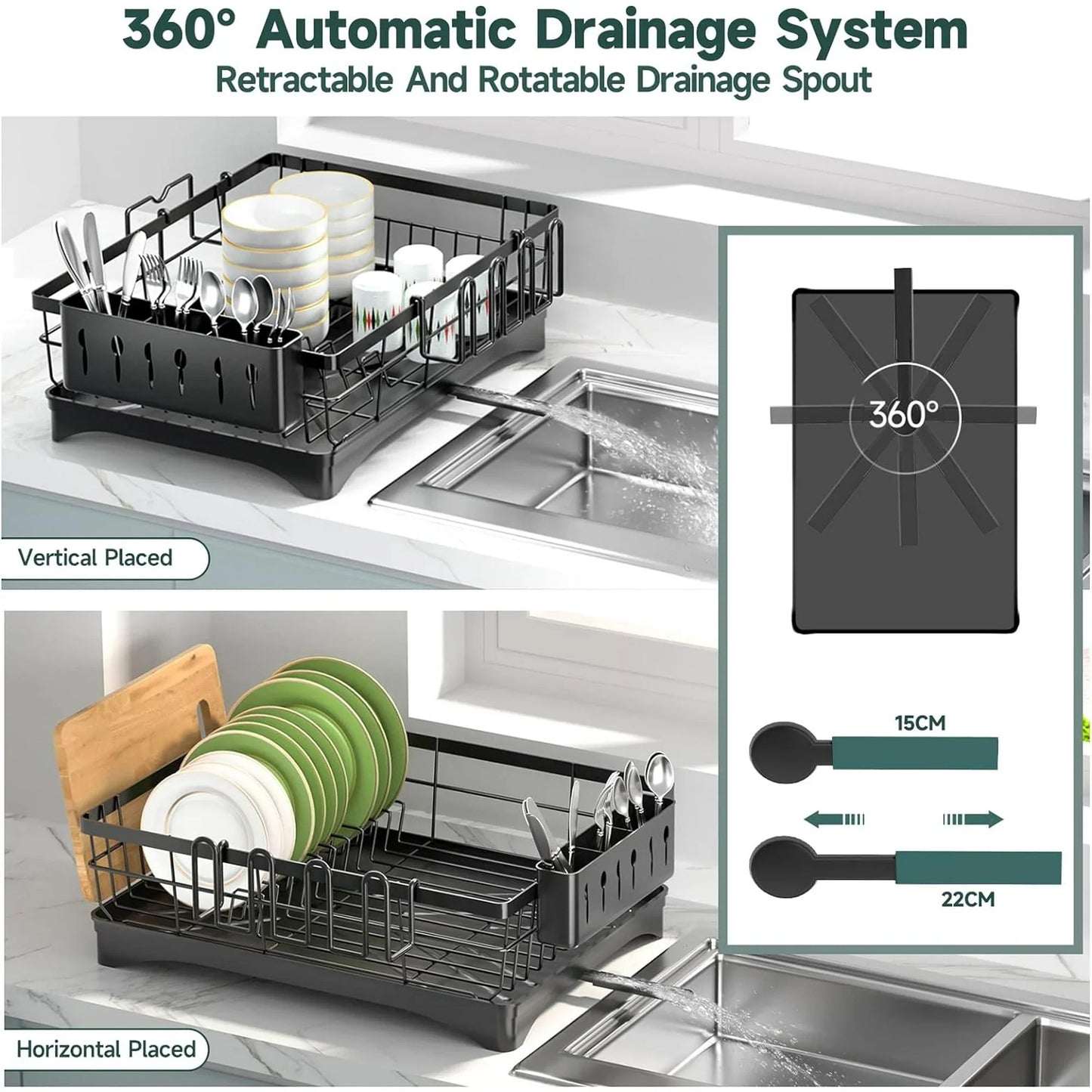 AOKIWO Dish Drying Rack, Durable Stainless Steel Large Dish Rack Kitchen Counter Dish Drainer with Drainboard Over Sink for Cups, Knives, Spoons, and Forks (L16.9"*W12.5")