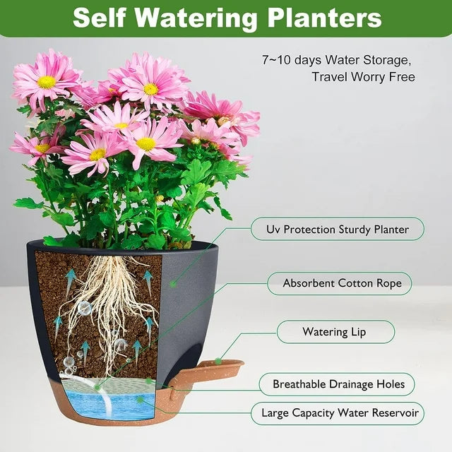 Katinyos 5Pack Self Watering Plant Pots with Drainage Hole and Water Storage, 7/6.5/6/5.5/5 inch Self Watering Planters, Self-Watering Indoor Planters for Flower, Plants, Herbs, Cactus