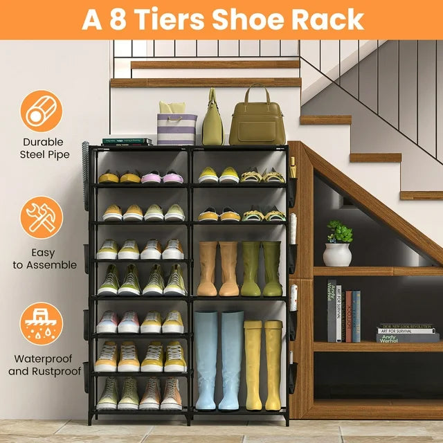 Shoe Rack, 8 Tier Large Shoe Organizer with 2 Side Pockets, Metal 22-26 Pairs Tall Shoe Storage Shelf, Shoe & Boots Cabinet for Closet Entryway Bedroom, Black