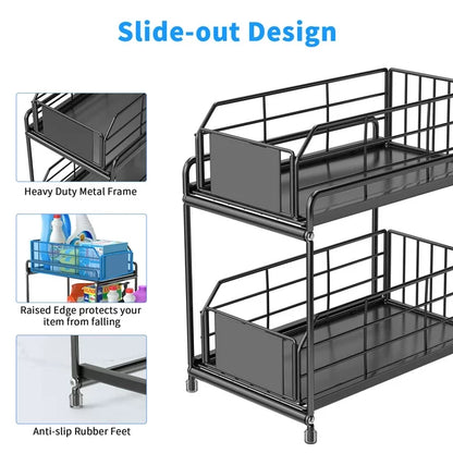 VAVSEA Metal Under Sink Organizers, 2 Tier Bathroom Cabinet Organizers, Slide Out Sink Shelf Cabinet with Sliding Drawers for Kitchen, Black, 14.17*12.6Inch