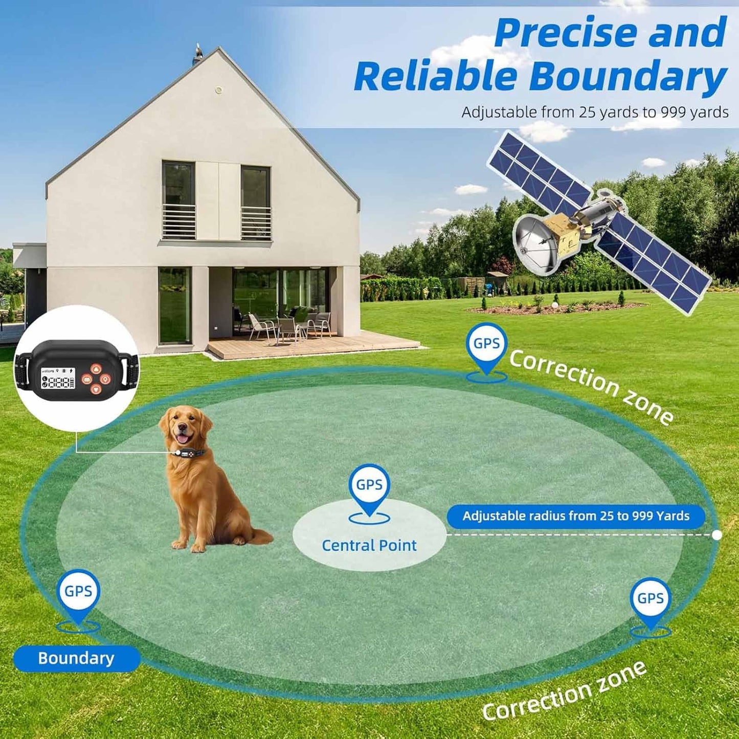 GPS Wireless Dog Fence System Electric Pet Collar with 3 Warning Modes Radius 25-999 Yards Waterproof & Rechargeable Receiver Containment for Outdoor Training