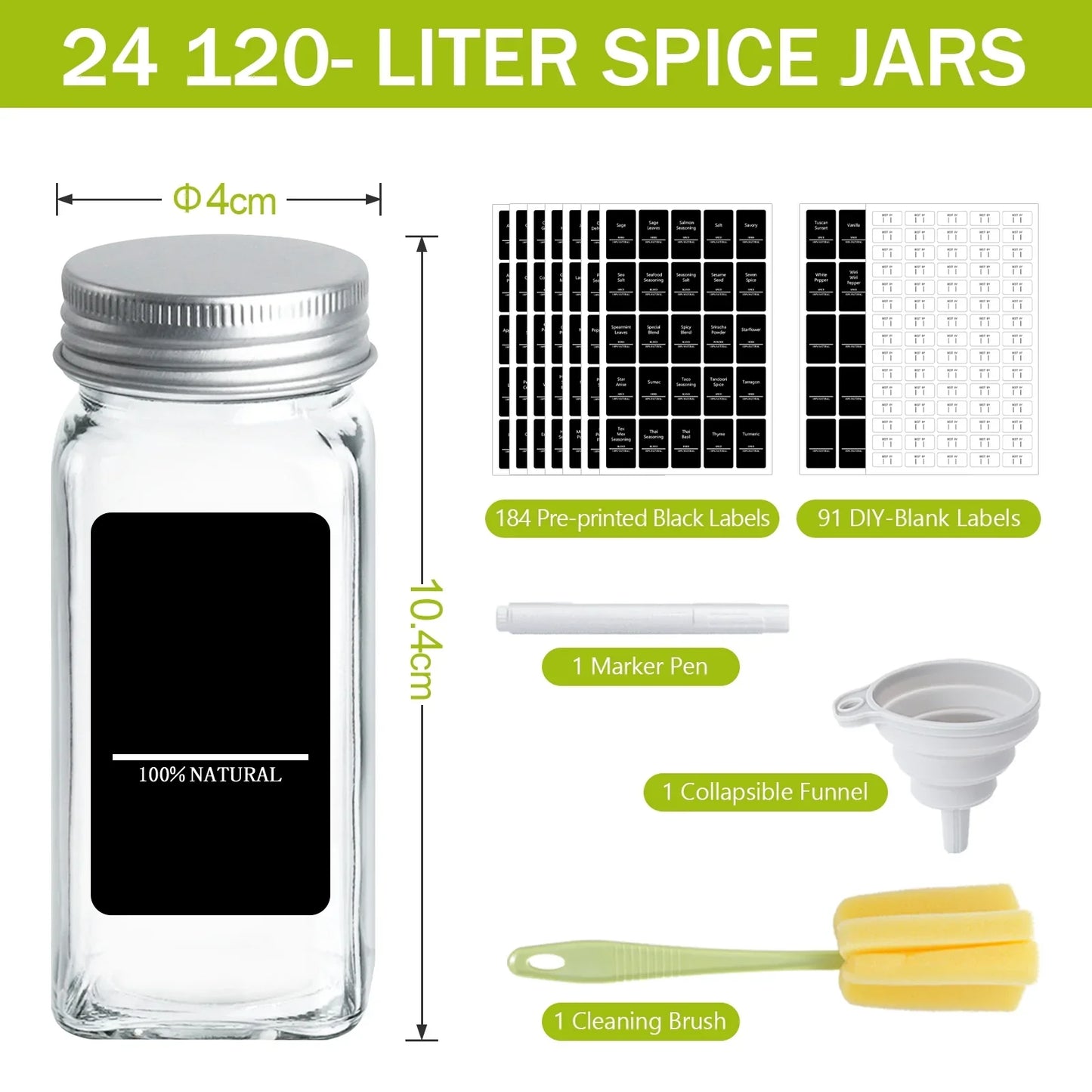 Luxvie 24 Pcs Glass Spice Jars with Labels 4 oz Empty Square Spice Containers with Airtight Metal Caps with Shaker Lids