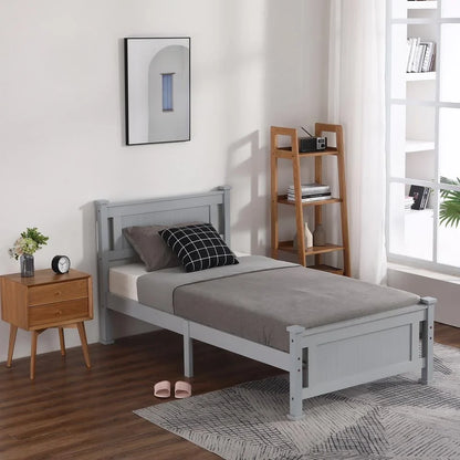 Ktaxon Twin Bed Frame,Solid Pine Wood Twin Platform Bed Frame, Bedroom Twin Bed with Headboard for Adults, Gray, 75.04"L*38.98"W*37.8"H