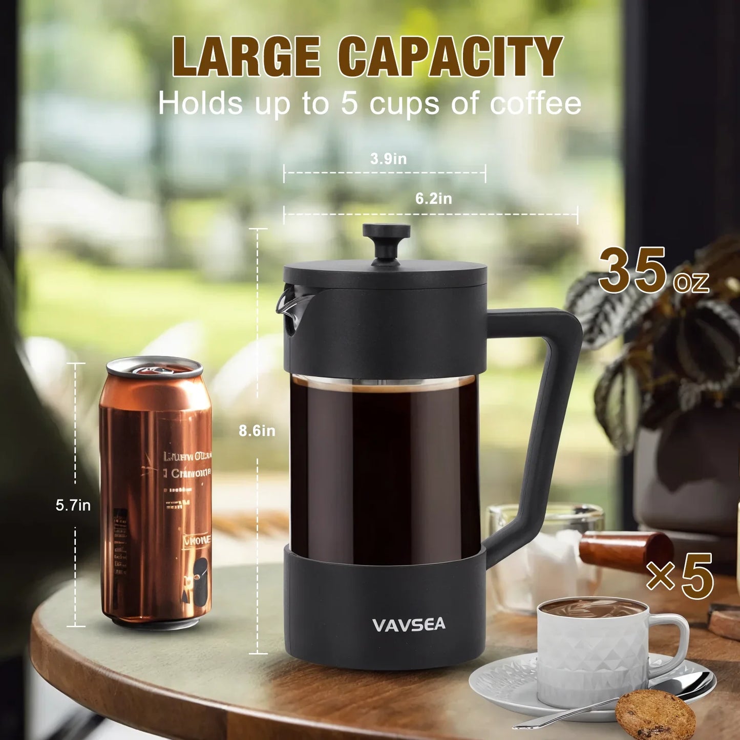 35oz French Press Coffee Maker, High-Heat Borosilicate Glass Coffee Press for Camping Travel Gifts, Dishwasher Safe, Black