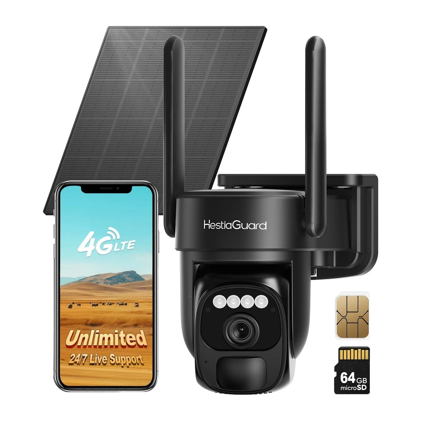 HestiaGuard 4G LTE Cellular Security Camera Solar Powered with Built-in SIM Card, Remote Access, Motion Alerts, Auto Human Tracking, 2K HD Color Night Vision, Non-WiFi Design