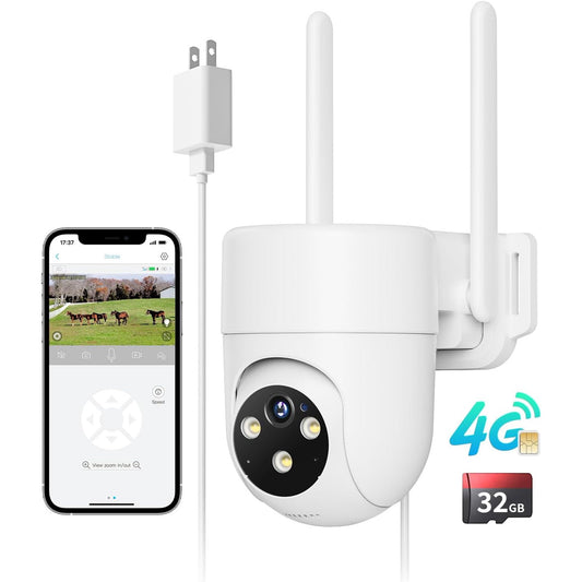 4G LTE Cellular Security Camera Wired Outdoor, No WiFi Security Camera, Plug-in for 24/7 Recording, 360 View, 2K Color Night Vision, 2-Way Talk, Built-in SIM Card and 32G Memory Card, White