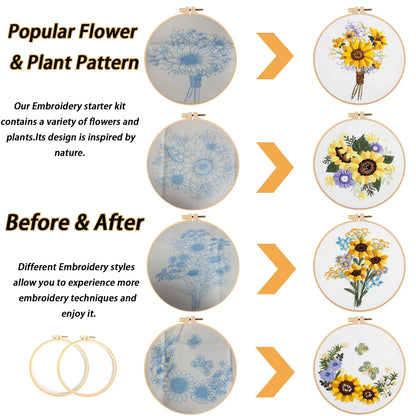 Embroidery Kit for Beginners,Jiaroutk 4 Sets Embroidery Starter Kit with Pattern and Instructions Craft Stamped Cloth with Sunflower Pattern Hoops Threads and Needles