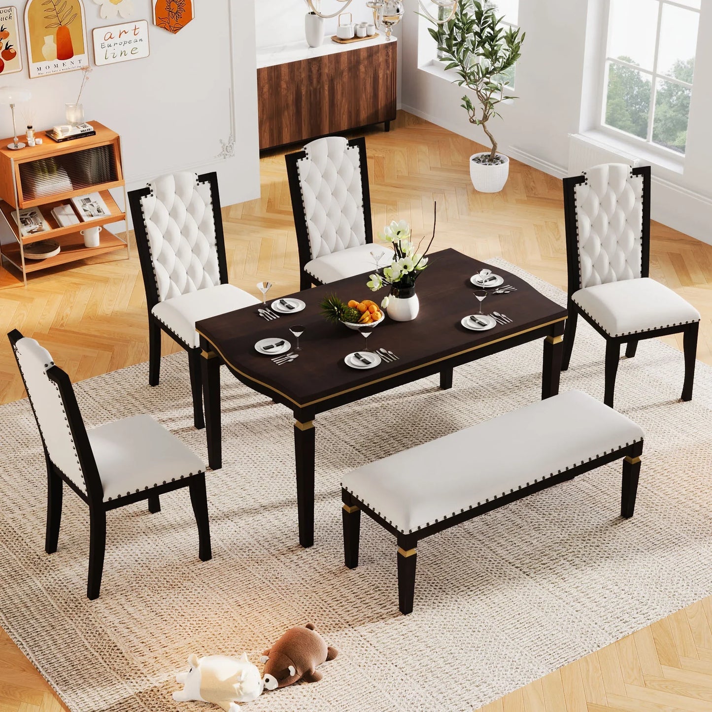 Churanty Retro 6 Pieces Kitchen Dining Table Set, 62.7Rectangular Table and 4 High-Back Tufted Chairs & 1 Bench, Wood Family Dining Room Table Set for 6,Espresso