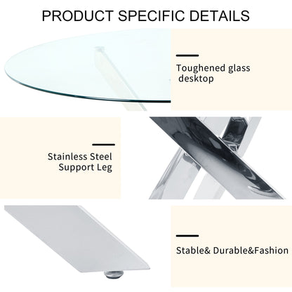 47" Modern Round Glass Dining Table Set with 4 PU Leather Chairs,Silver Base Glass Table with 4 Gray Chairs with Black Leg