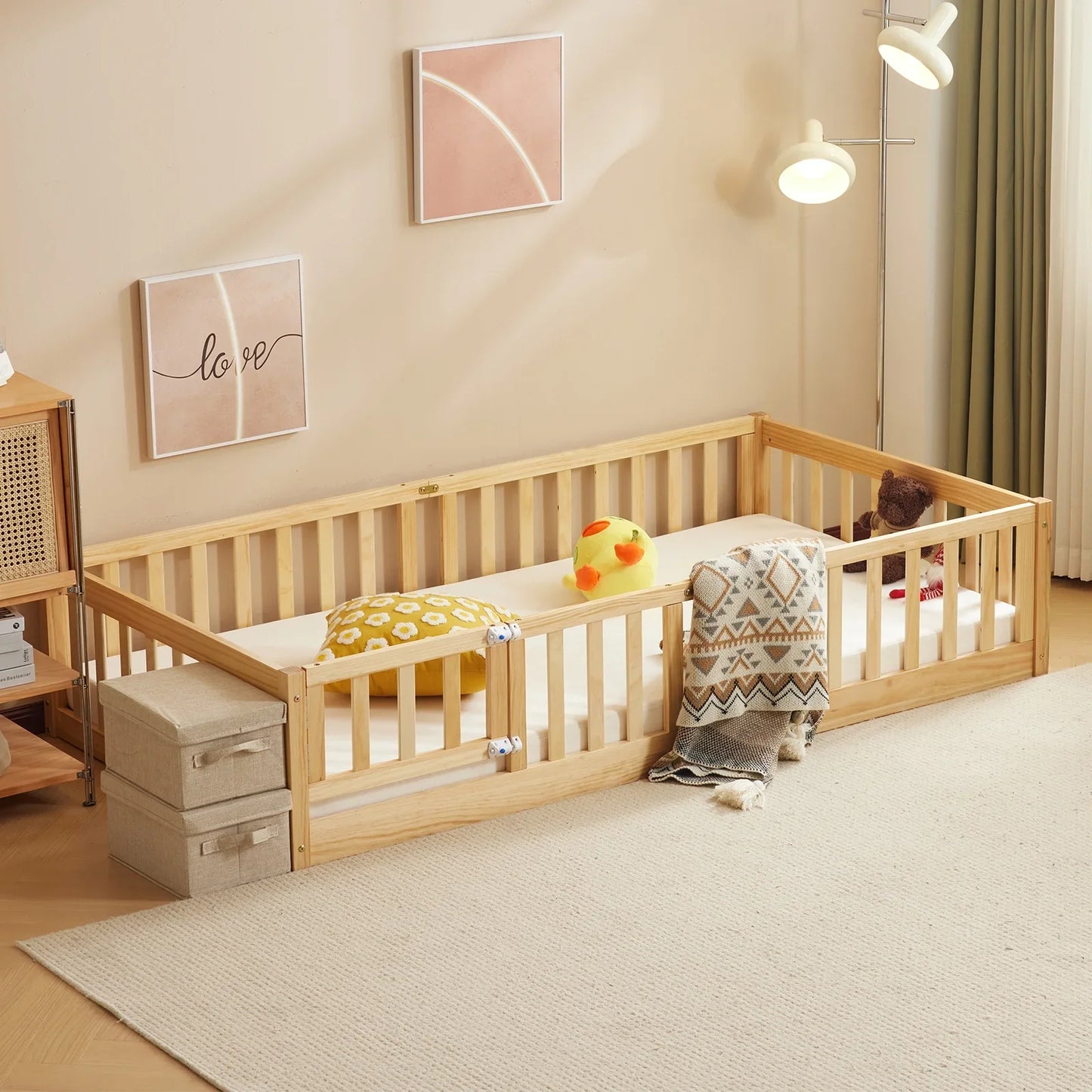 Ktaxon Montessori Twin Floor Bed with Safety Guardrails, Toddler Bed Frame for Kids, Wood Frame - Nature