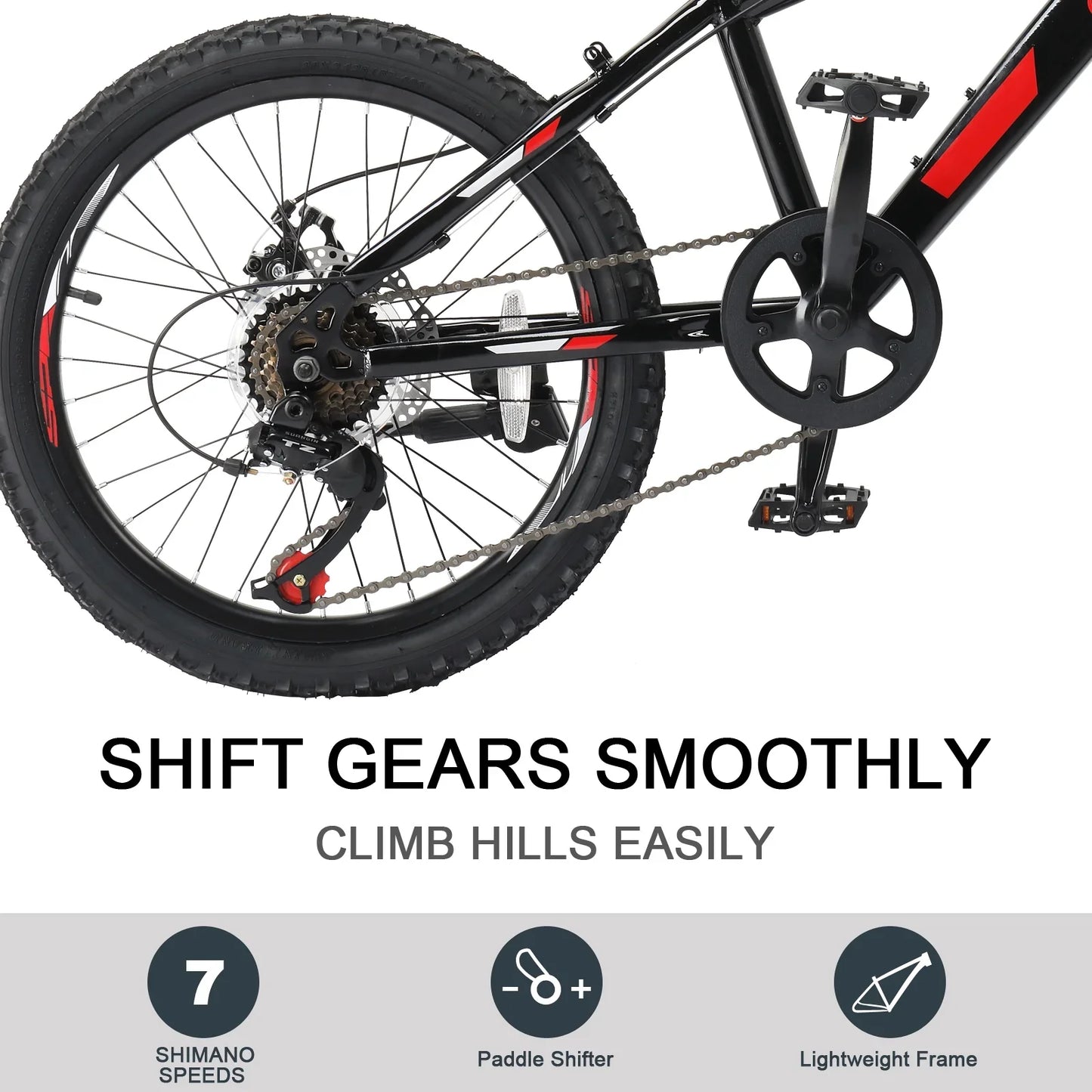 Ktaxon 20" Mountain Bike, Shimano 7 Speed Kids Bike for Boys Girls with Disc Brakes, Black