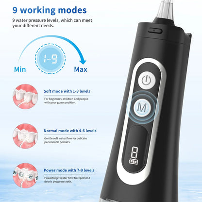 Cordless Water Flosser, Portable Dental Teeth Cleaner, 310ML Tank USB Rechargeable Dental Oral Irrigator for Home and Travel, 4 Modes 8 Jet Tips, IPX7 Waterproof, Easy-to-Clean（Black）