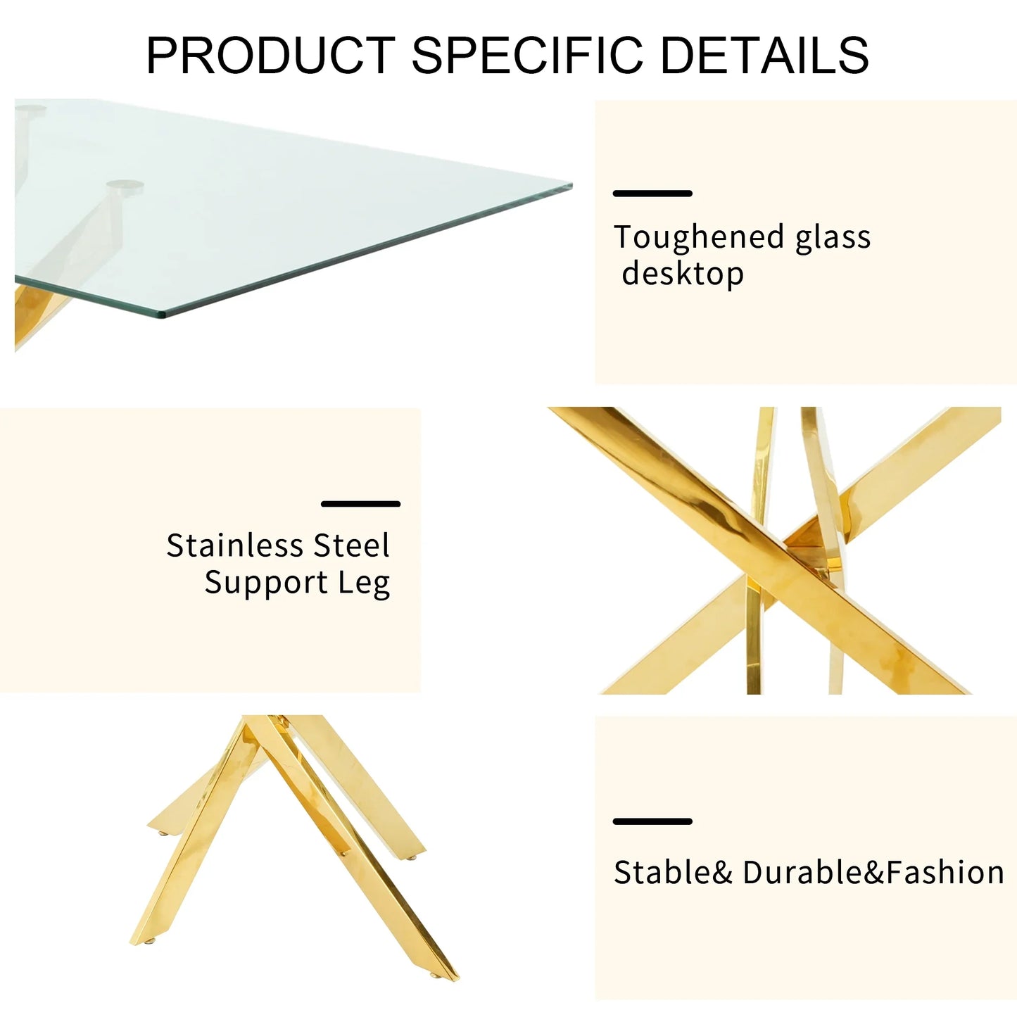 Sumdeal 63" Glass Dining Table Set for 6,Gold Base Dining Room Table with 6 Gold Leg C Shape Chairs