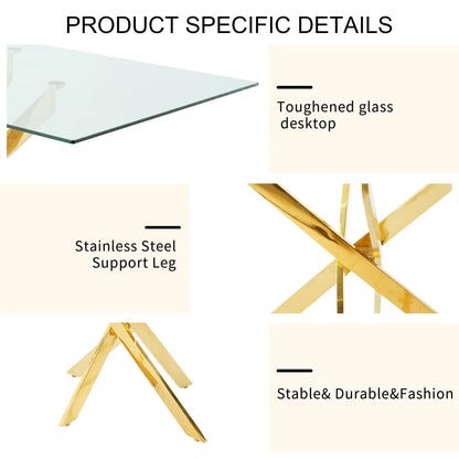 Sumdeal 63" Glass Dining Table Set for 6,Gold Base Dining Room Table with 6 Gold Leg C Shape Chairs