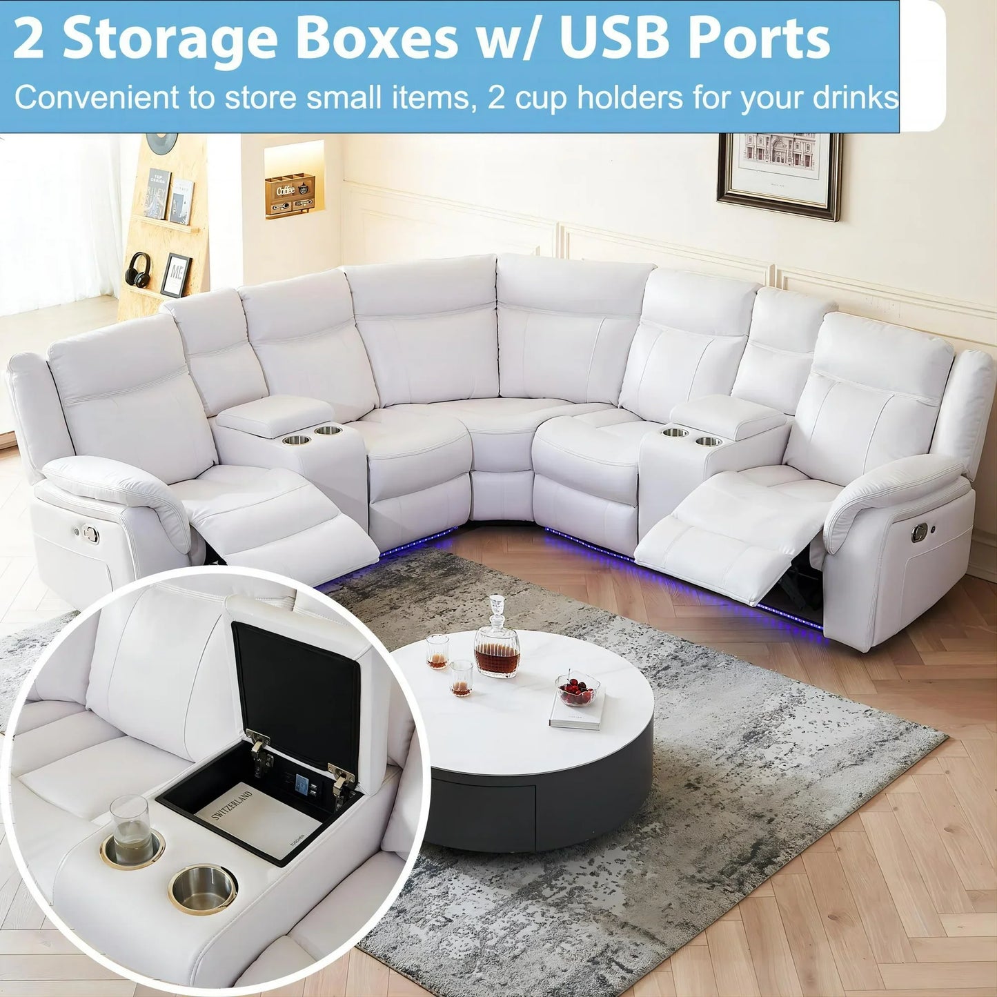 ELIASER Manual Recliner Sofa Sets with LED Lights,Faux Leather Reclining Sectional Couch for Living Room Furniture Sets with USB Port,Storage Console Cup Holders White