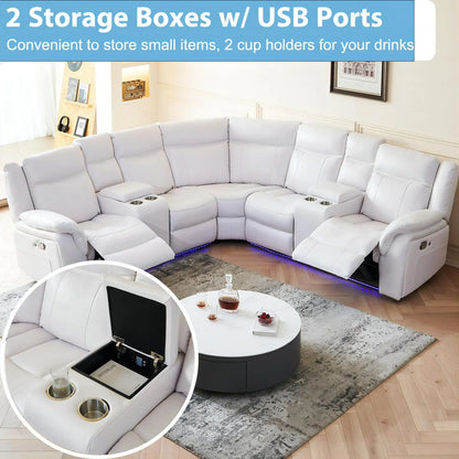 ELIASER Manual Recliner Sofa Sets with LED Lights,Faux Leather Reclining Sectional Couch for Living Room Furniture Sets with USB Port,Storage Console Cup Holders White