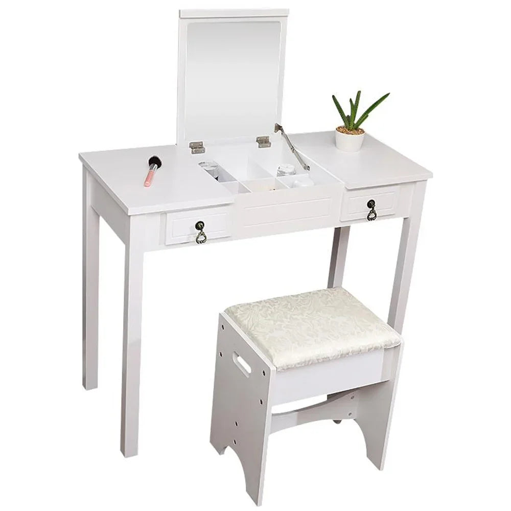 Ktaxon Vanity Set,Flip-top Mirror Dressing Table Makeup Vanity Table Writing Desk with 2 Drawers and Stool, White