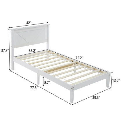 Ktaxon Twin Bed Frame Solid Wood Platform Bed Frame, Single Panel Bed with Headboard, No Box Spring Needed Panel Bed, Wood Slat Support Mattress Foundation, White