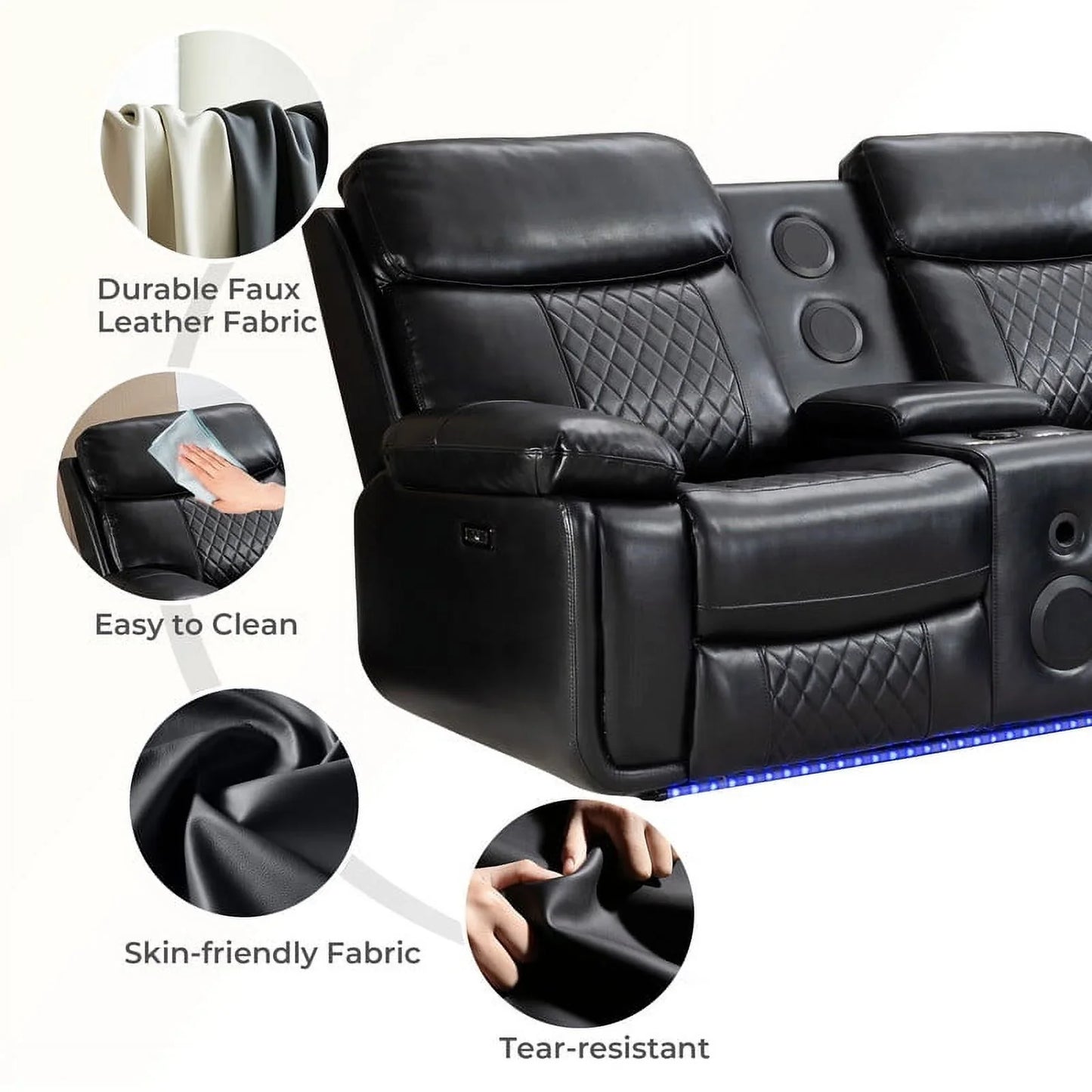 Comfort Stretch 5 Seats Power Recliner Sofa Sets with Speaker,Black Faux Leather Reclining Sectional Couch for Living Room Furniture Sets with USB Port,Storage Console,Cup Holders,LED Lights