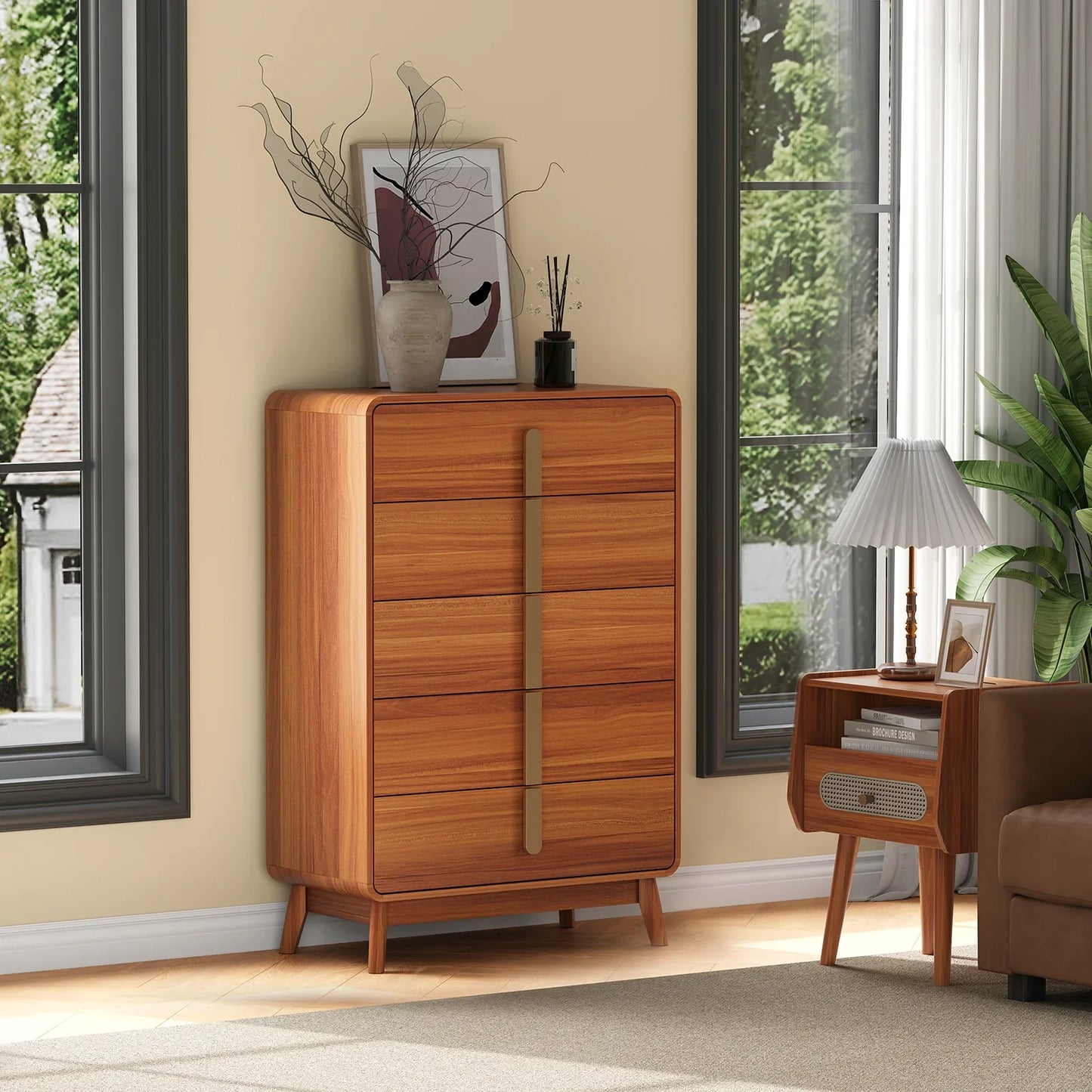 JOINICE Mid Century Modern Dresser,5 Drawer Adult Dresser, for Bedroom,Living Room,Cherry