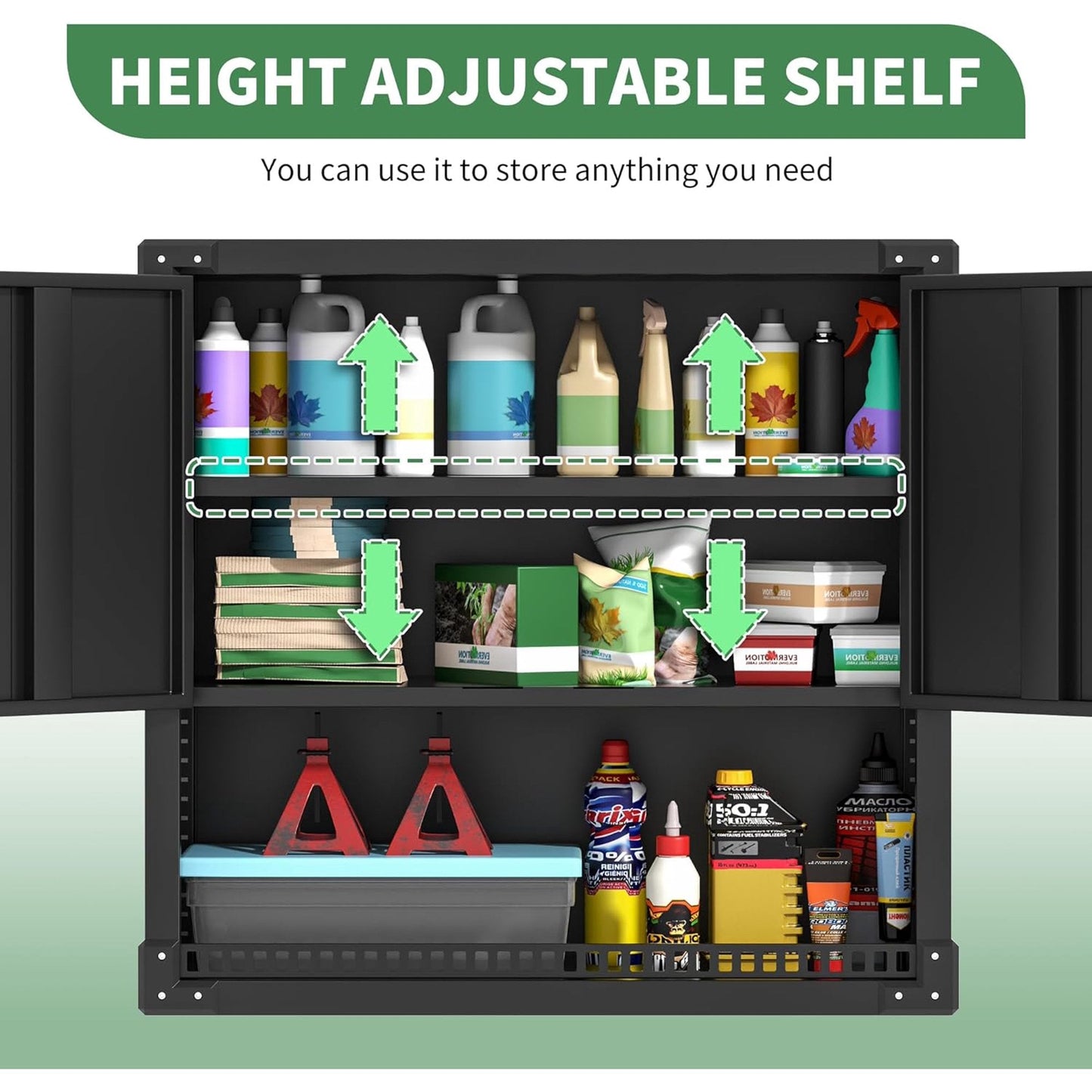 IKIMI Metal Wall Cabinet, Garage Hanging Cabinet with Doors and Shelf for Warehouse, Tool Room, Kitchen, Assembly Required(Black)