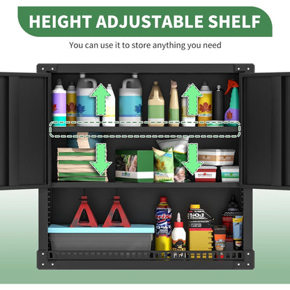 IKIMI Metal Wall Cabinet, Garage Hanging Cabinet with Doors and Shelf for Warehouse, Tool Room, Kitchen, Assembly Required(Black)