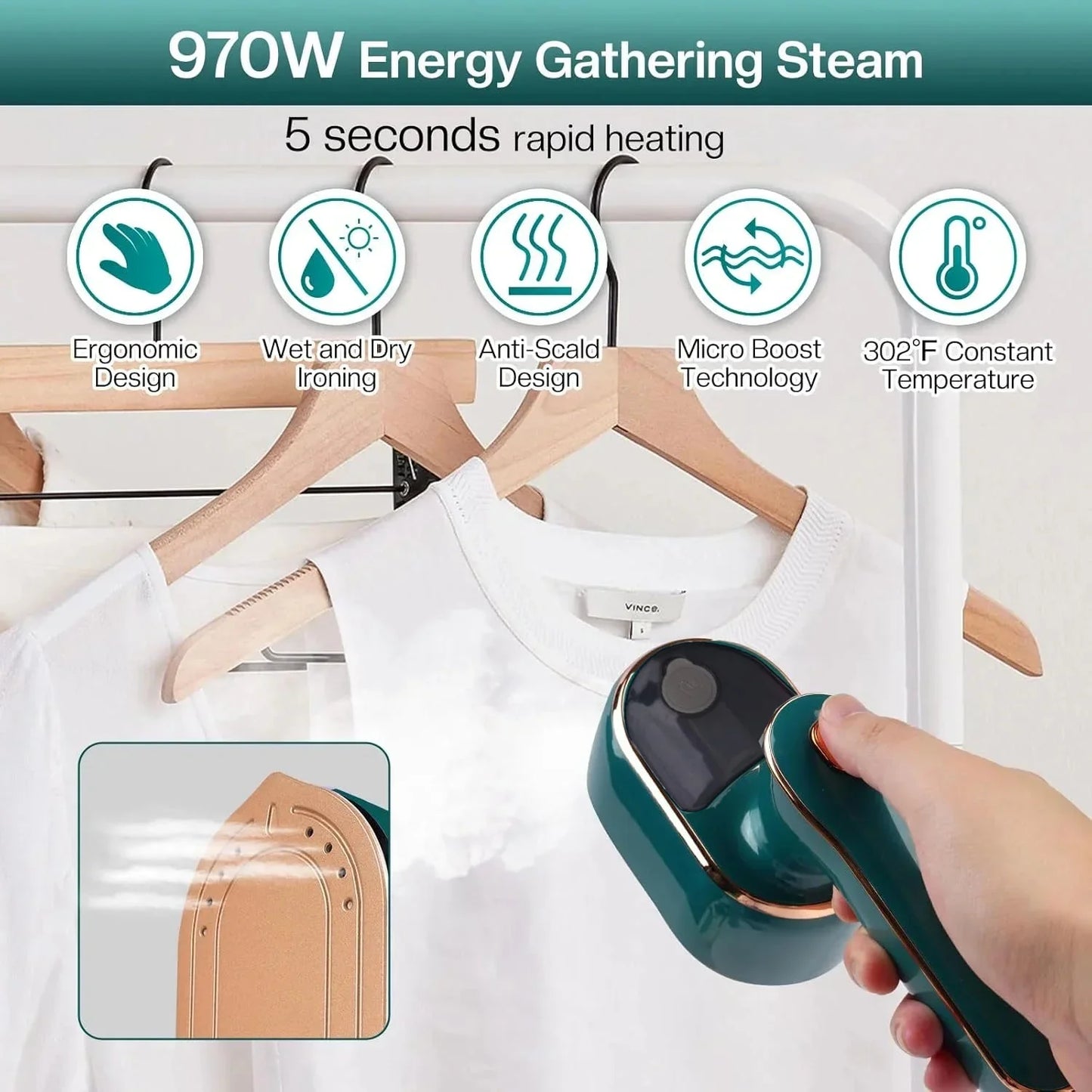 ARCTICICE Portable Garment Steamer with Wet Dry Ironing 180¡ã Rotable Handle 970W Steamer for Clothes, Green