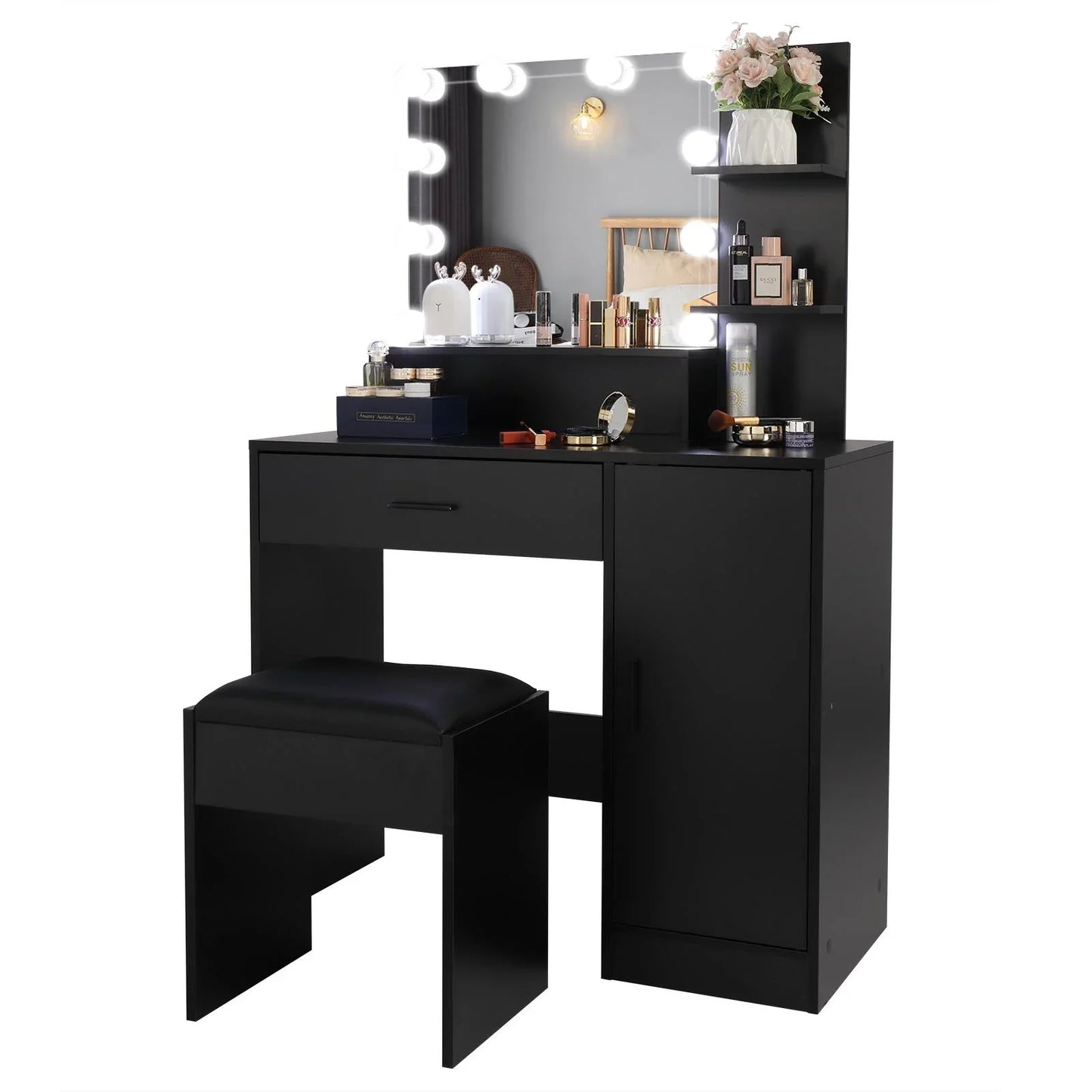 Ktaxon Vanity Set with 3 Color Lighted Mirror, Makeup Table with 3 Storage Shelves & Drawers, Dressing Table Makeup Desk with Stool,Black