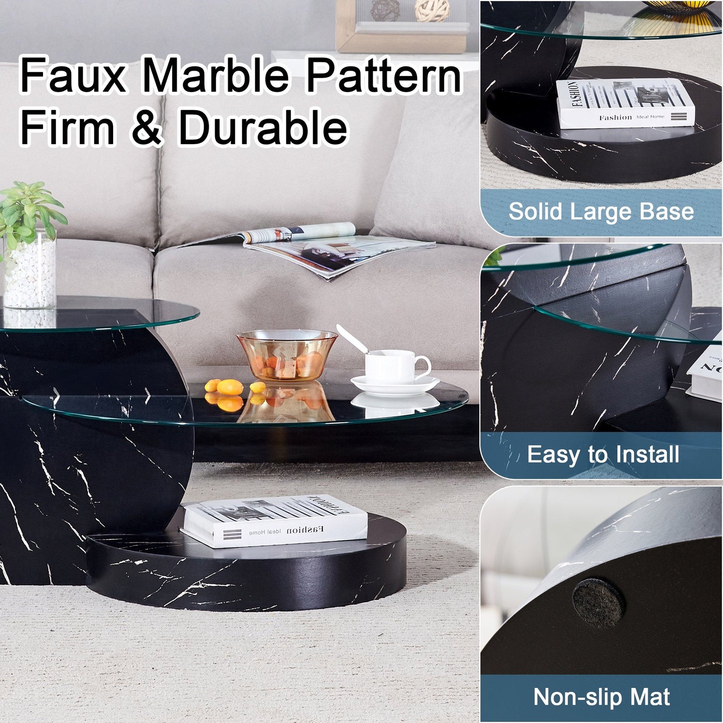 Modern Double Layer Round Glass Cofee Table for Small Space Home Office,42 Inch Black