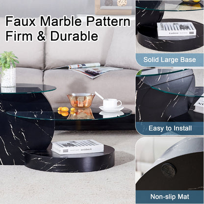 Modern Double Layer Round Glass Cofee Table for Small Space Home Office,42 Inch Black