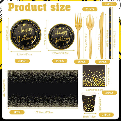 201Pcs Happy Birthday Party Supplies, Black Gold Dinnerware Set Paper Plates Napkins Plastic Tablecloth Forks Knives Spoons Serve 25 for Men Women