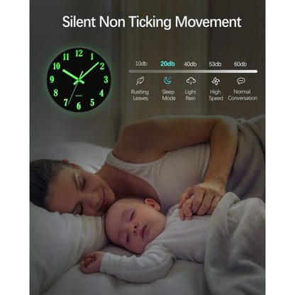 QKURT Modern Night Light Wall Clock, 10 Inch Silent Non-Ticking Quartz Wall Clocks, Glow in The Dark Battery Operated Decorative Wall Clock for Bedroom, Kitchen, Living Room