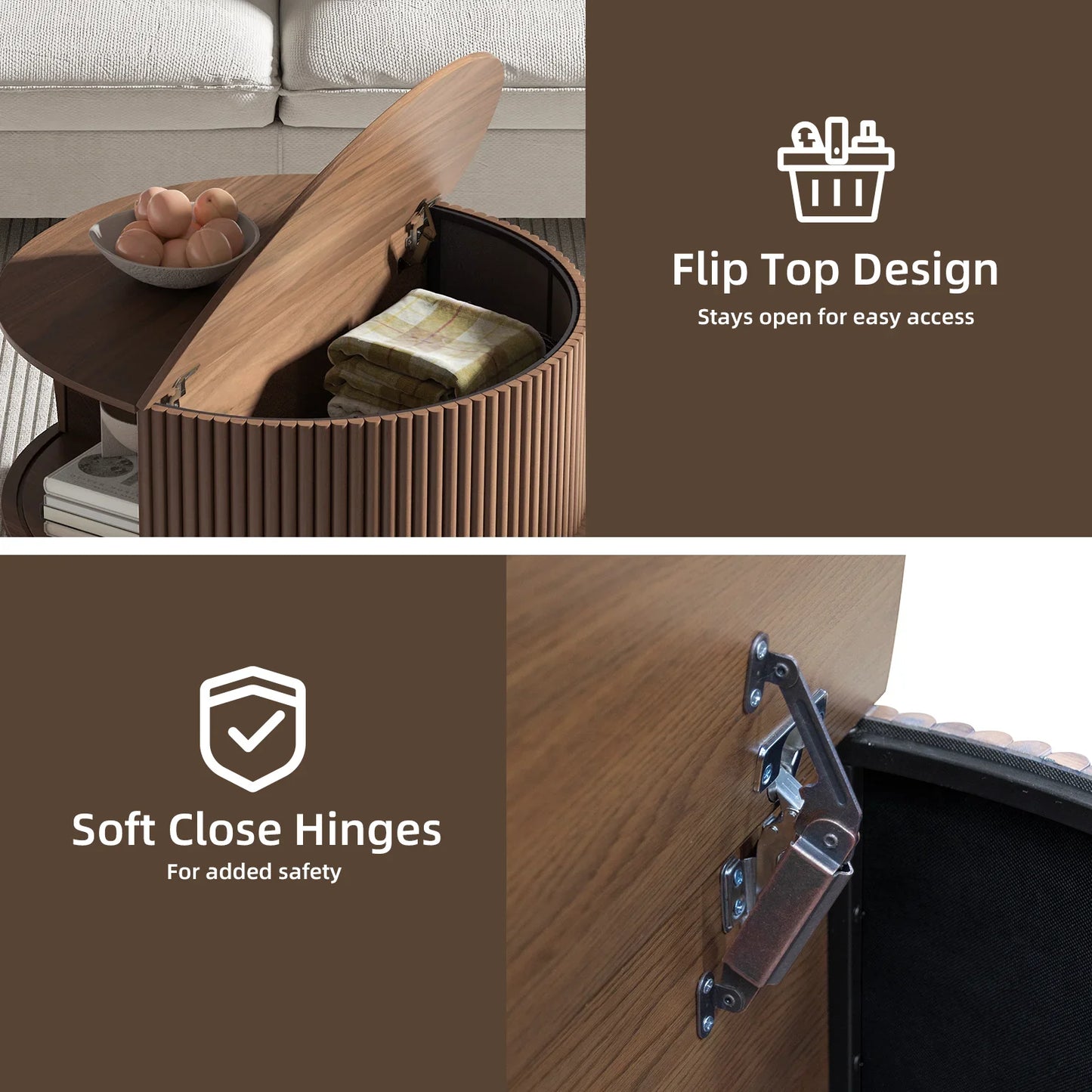 JOINICE Mid Century Modern Round Flip Top Coffee Table with Storage,for Living Room,Walnut