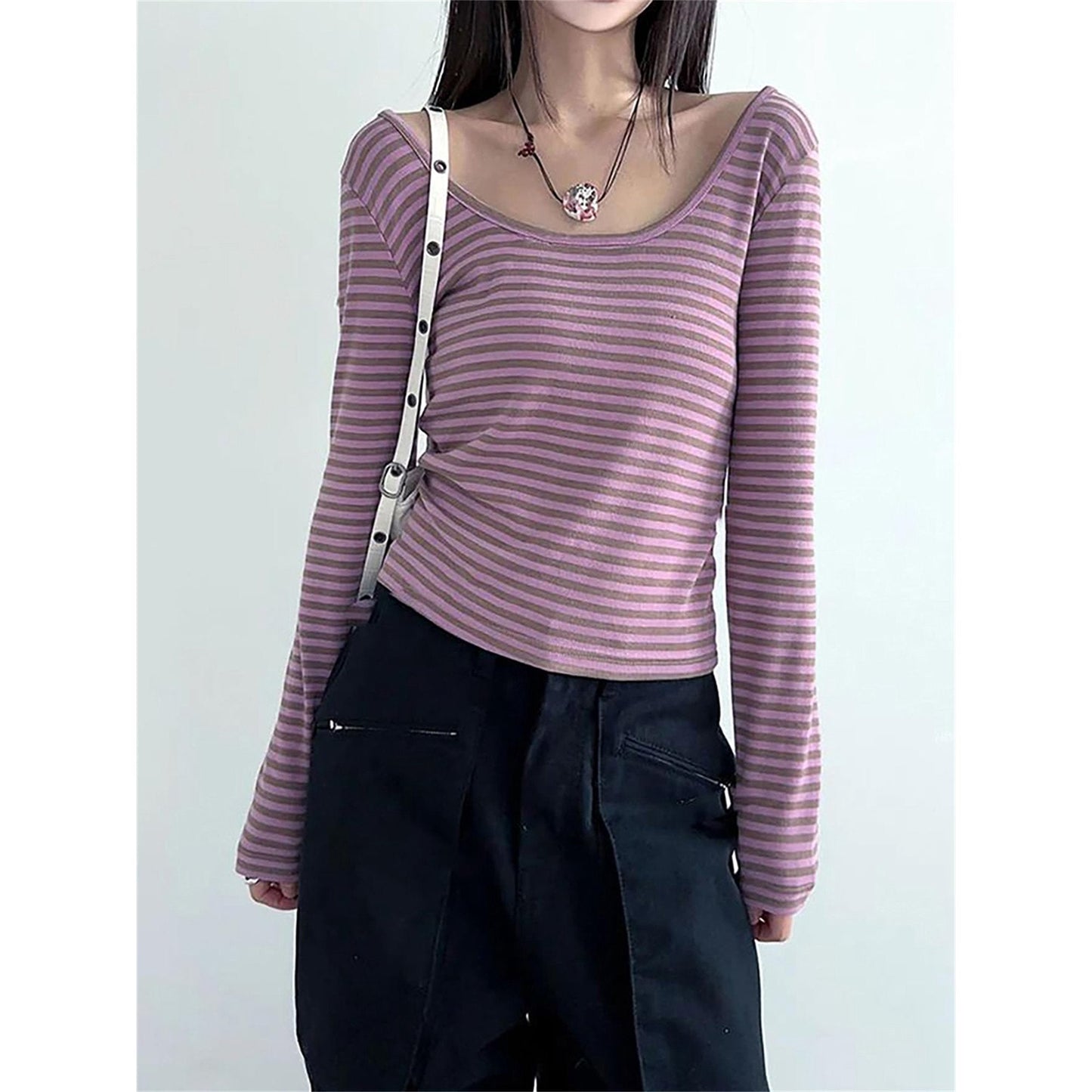 Peyakidsaa Women Long Sleeve T-shirt,Scoop Neck Ladies Fall Striped Casual Tops Streetwear