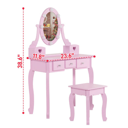 Ktaxon Kids Play Makeup Vanity Set with 3-Color Light, Girls Vanity Dresser Desk with Matching Stool, Purple