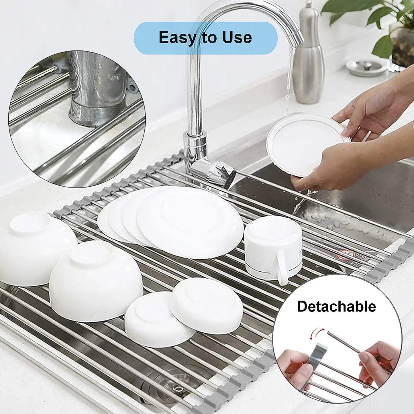 Roll up Dish Drying Rack, Over The Sink Kitchen Sink Dish Rack Multipurpose Stainless Steel Dry Rack Dish Drainer Foldable Dish Drying Rack for Sink Counter (17.7"x11.8")