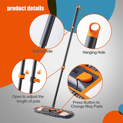 Mops for Floor Cleaning with 3 Different Washable Mop Pads and Extendable 55” Long Handle, Multifunction Dust Mop for Hardwood,Marble,Tile Floor Mopping,Orange