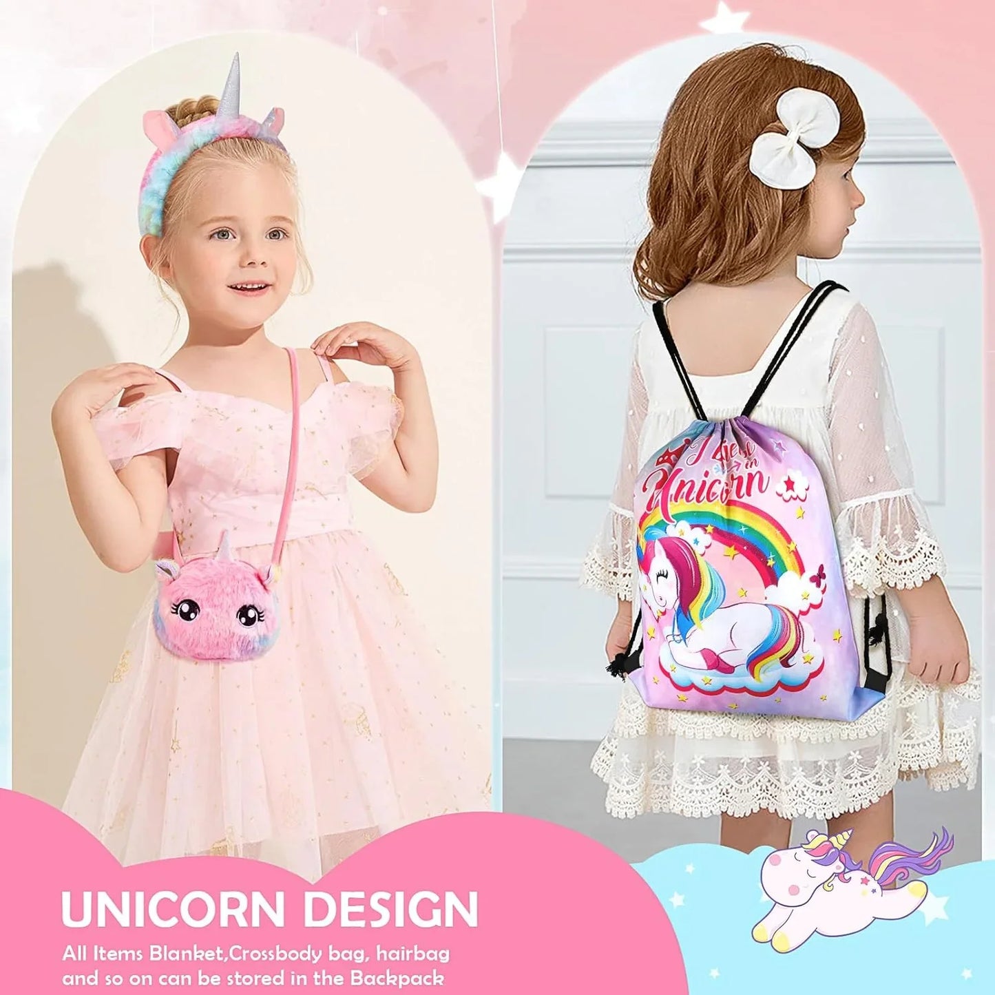 SRIZIAN Unicorn Gift Set for Girls Age 3 to 12, Christmas Birthday Festival Gifts for Girls, Glow in Dark Blanket Satchel Headband Eyeshade Pen Bag Drawstring Bag Unicorn Pendant Greeting Card Set