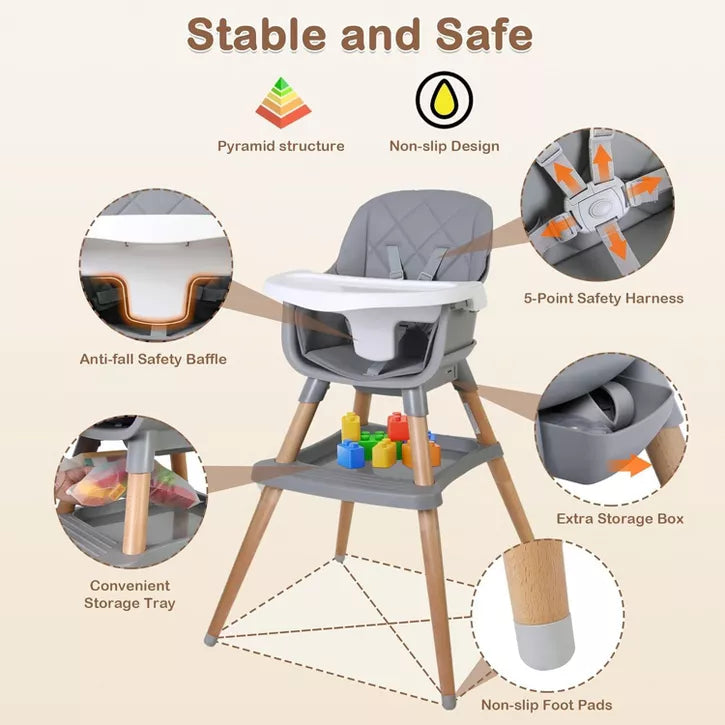 Kinder King 7 in 1 Baby High Chair Convert to Wooden Feeding Chair Removable Tray 5-Point Harness Gray