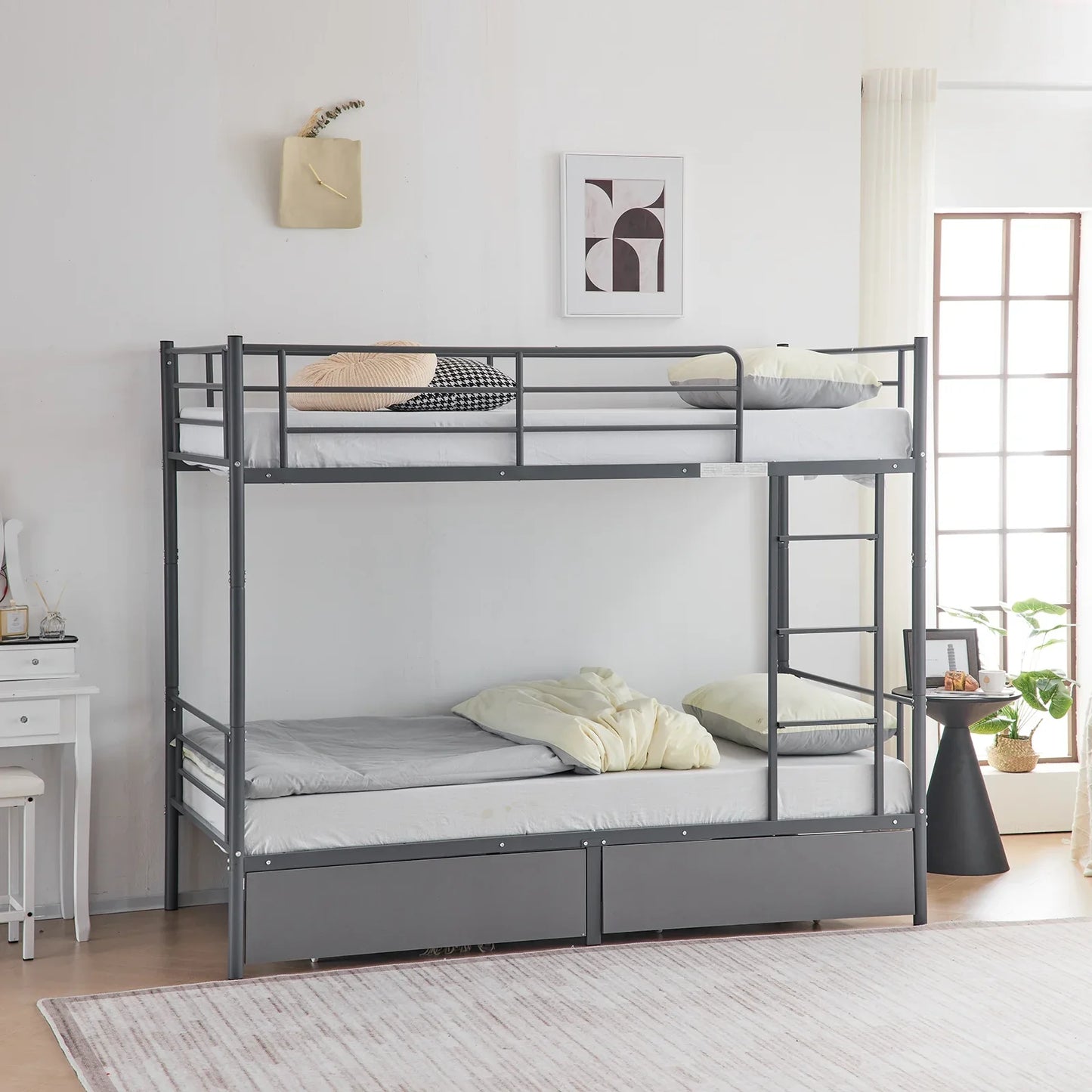 Ktaxon Metal Twin over Twin Bunk Bed with 2 Drawer & 2 Ladders for Bedroom, Gray