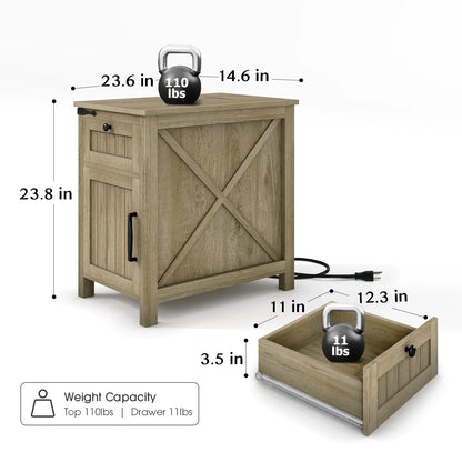 Nightstand with Charger Station,Industrial/Farmhouse End Table with Drawers & Cabinet,Side Table with Door and Storage Shelf,Side Tables for Living Room,Bedroom,Office (Light Rustic Oak X2)