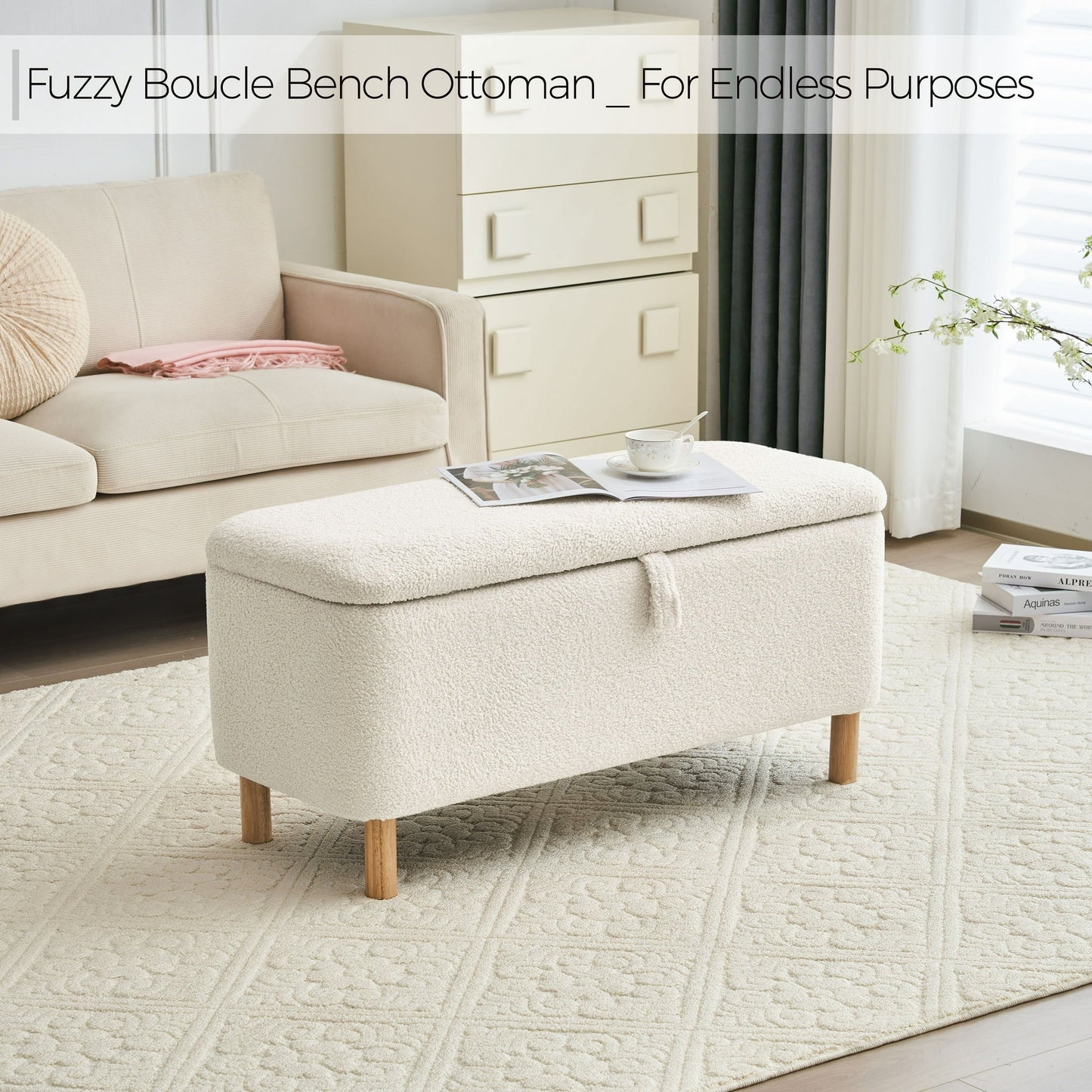 Comfort Stretch 39.3 Length Storage Ottoman Bench for Living Room,White Bedroom Bench with Entryway Storage Rectangular Boucle Foot Rest Stool Padded Seat