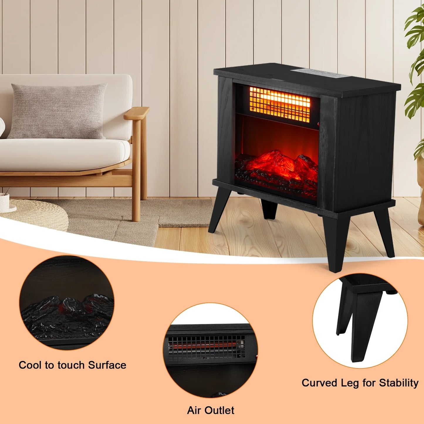 Ktaxon 15" Electric Fireplace Heater, Freestanding Wooden Fireplace Stove with 3D Realistic Flame, Overheat Protection, 1000W Portable Electric Heater for Indoor Bedroom Office Home, Black