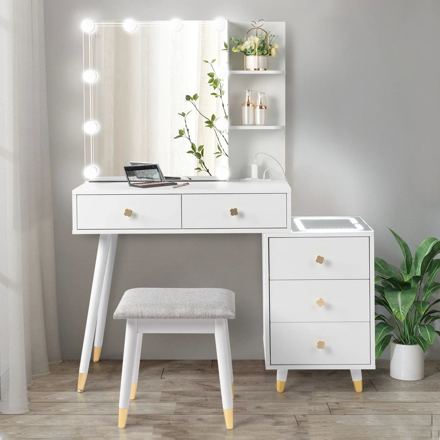 Ktaxon 3 Color Lighted Vanity Table Set, Makeup Table with LED Nightstand, Dressing Table with USB Charging Station, for Girls, Women, Female Bedroom, White