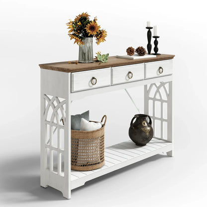JOINICE 43" Console Table with Drawers for Entryway, Farmhouse Wood Table with Shelf, Fireplace,White