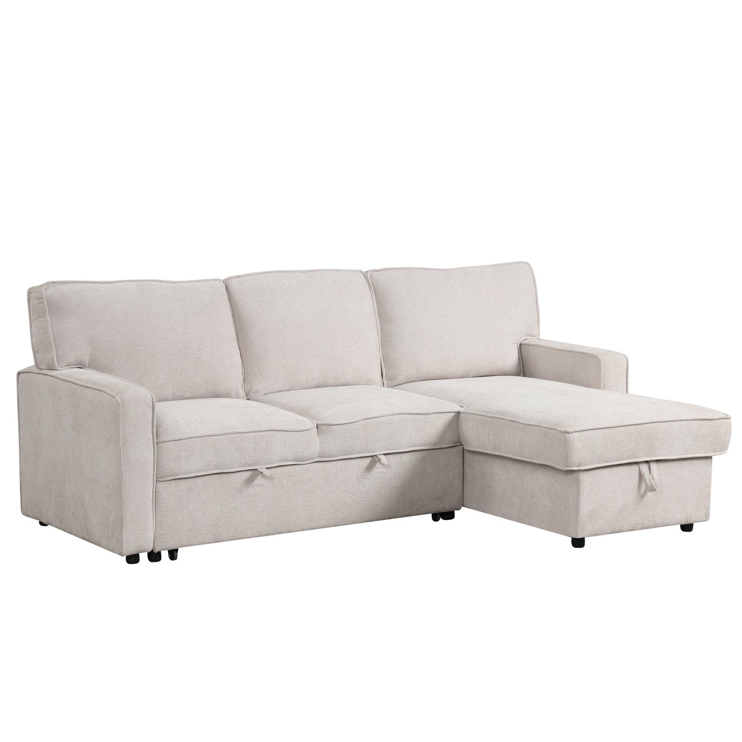 Churanty Sectional Sleeper Sofa with Pull Out Bed, L-Shape Sectional Corner Couch with Storage Chaise, Upholstered Sectional Sofa with Cup Holders for Living Room, Beige