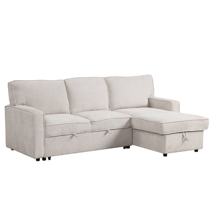 Churanty Sectional Sleeper Sofa with Pull Out Bed, L-Shape Sectional Corner Couch with Storage Chaise, Upholstered Sectional Sofa with Cup Holders for Living Room, Beige